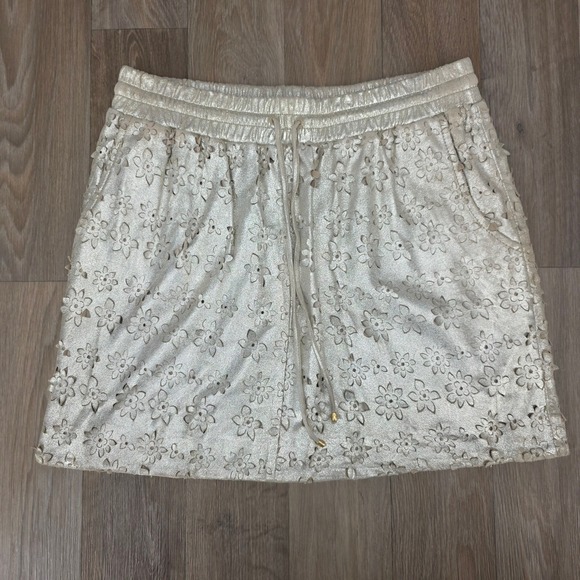 leifsdottir Dresses & Skirts - Leifsdottir Anthropologie Metallic‎ Gold Leather Floral Eyelet Mini Skirt Size 2